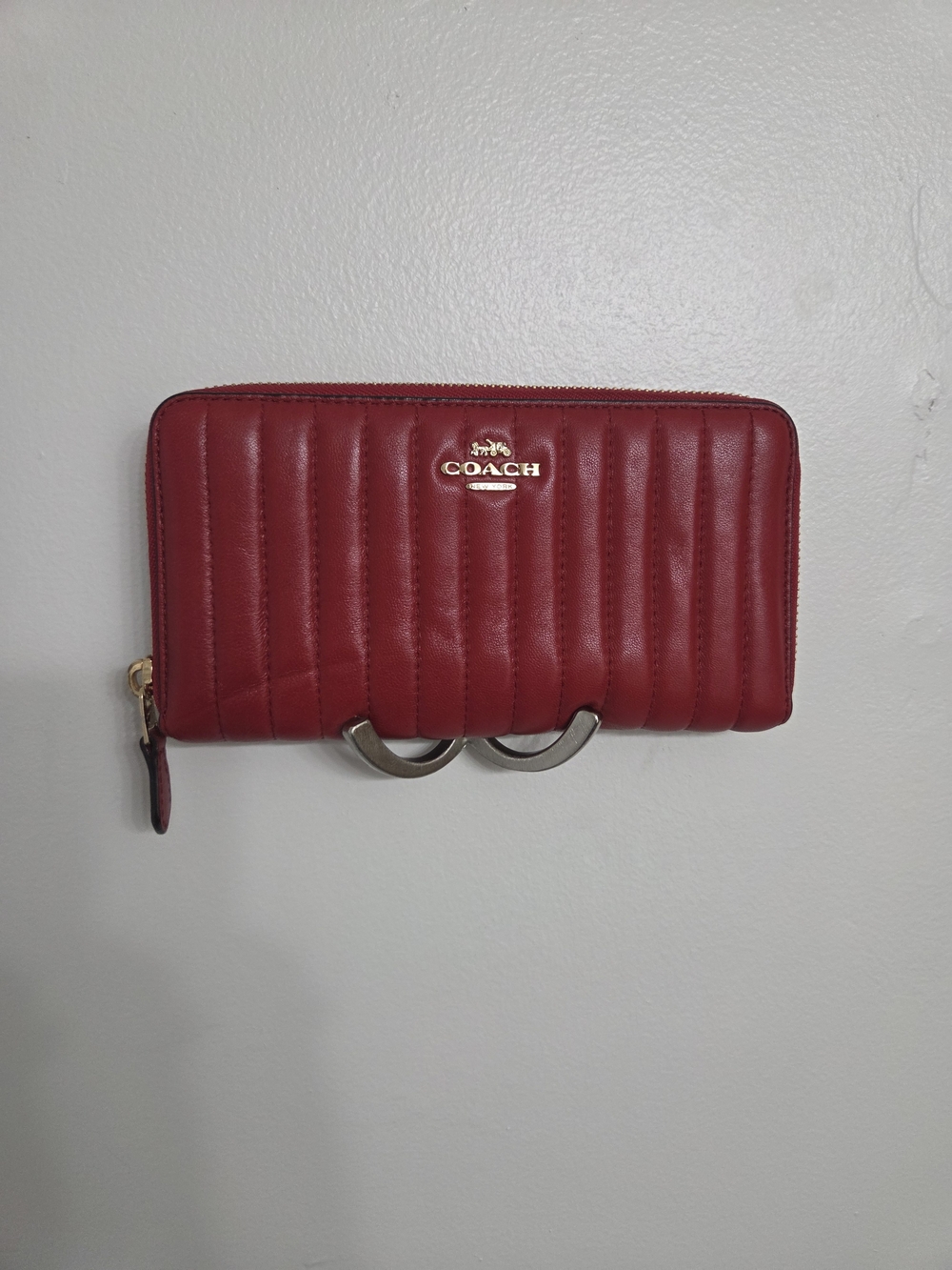Coach Quilted Zip-Around Wallet in Deep Red with Gold Hardware